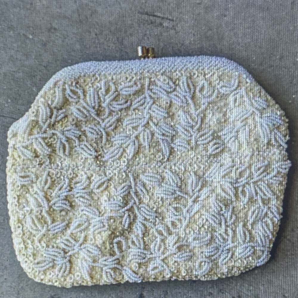 Vintage La Regale Ivory White Beaded Clutch Bag